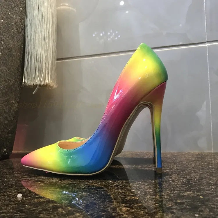 Rainbow patent leather high heels with pointed toe and thin ultra-high heels