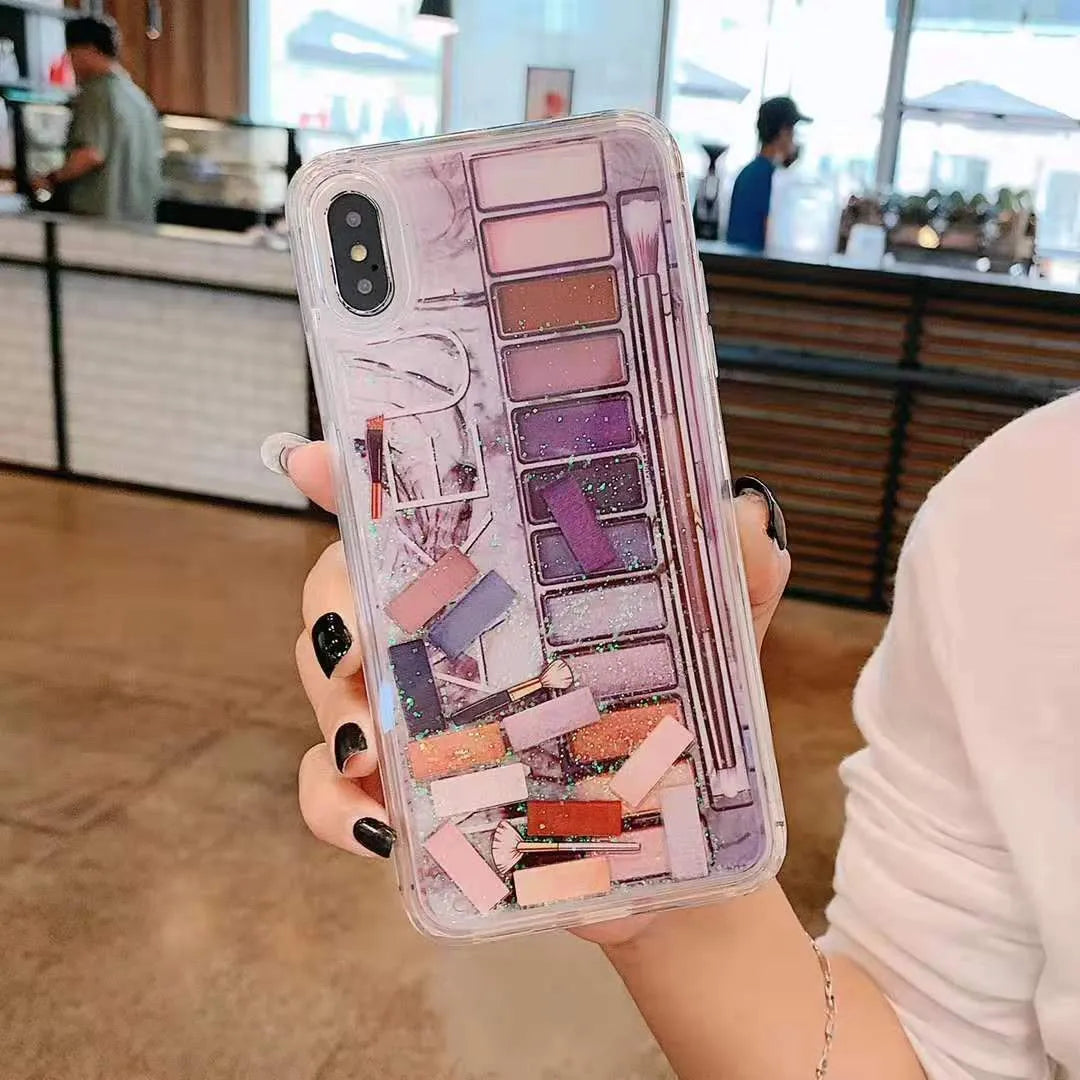 Quicksand phone case for iPhone, plastic back cover in pink or purple with moving effect