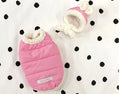 Cotton-padded pet coat in yellow, black and pink, sizes XS to XL for dogs and cats.