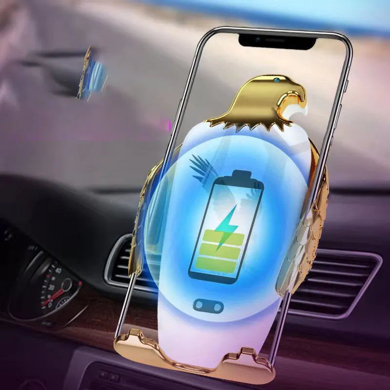 Wireless charging car phone holder with suction cup mount in black gold colour
