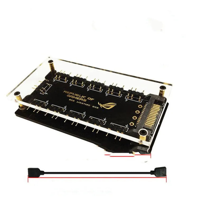 AURA RGB One Point Ten 5V SATA Power Supply Hub, black, with up to 10 ports for PC RGB lighting
