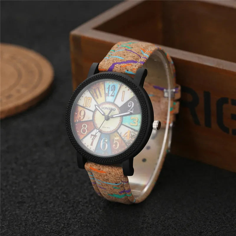 Women's leather strap quartz watch with 37mm round dial and stainless steel buckle