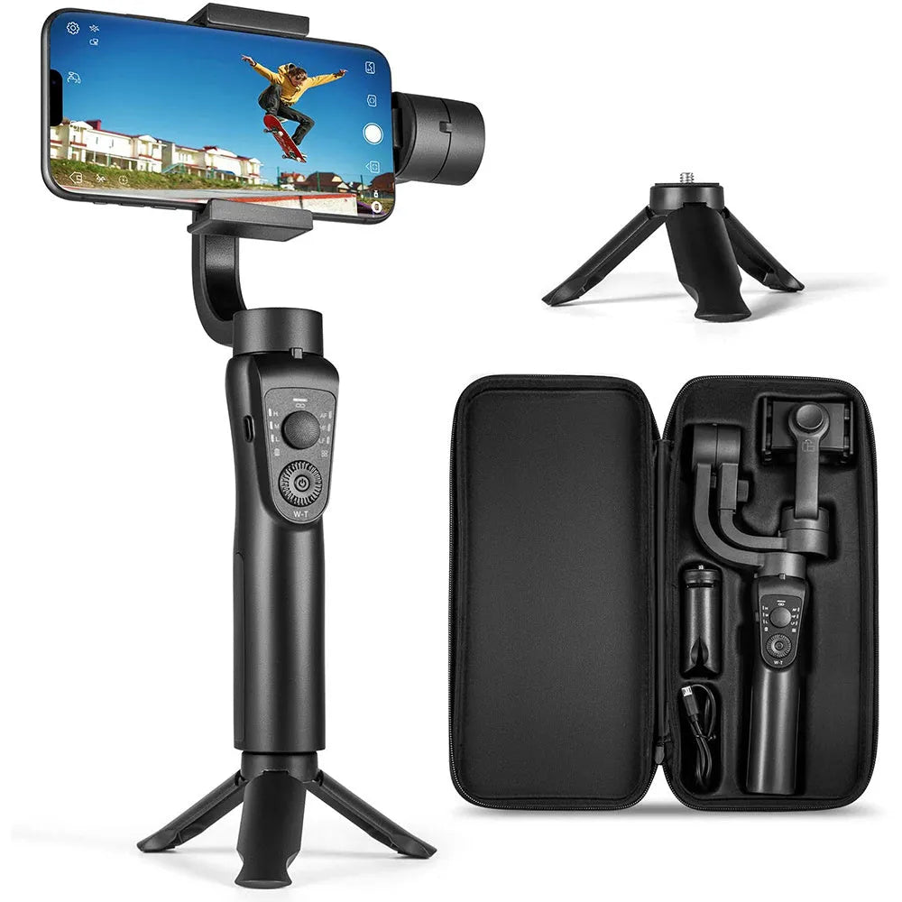 Black three-axis handheld gimbal stabilizer for mobile phones with hard case and tripod