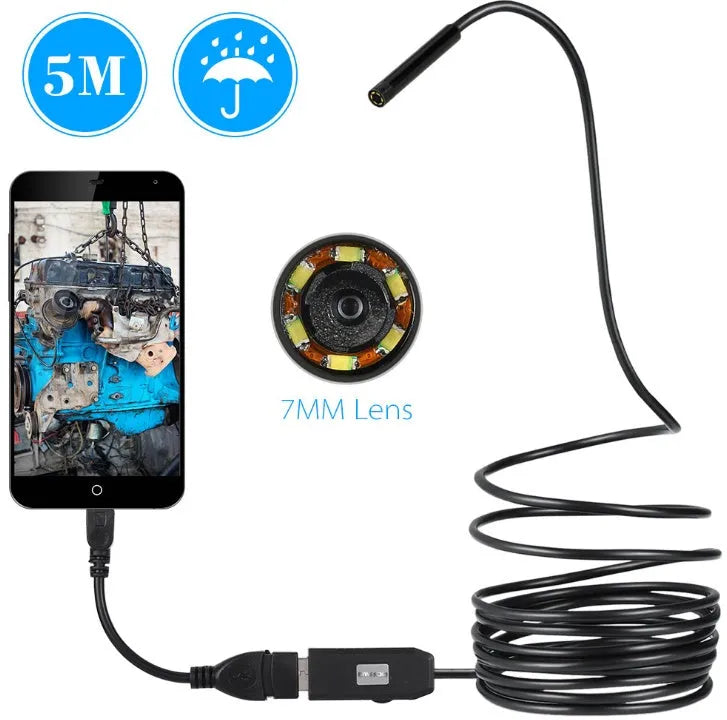 OWSOO USB endoscope with 5m cable, 7mm camera, magnet, hook, and side mirror tools