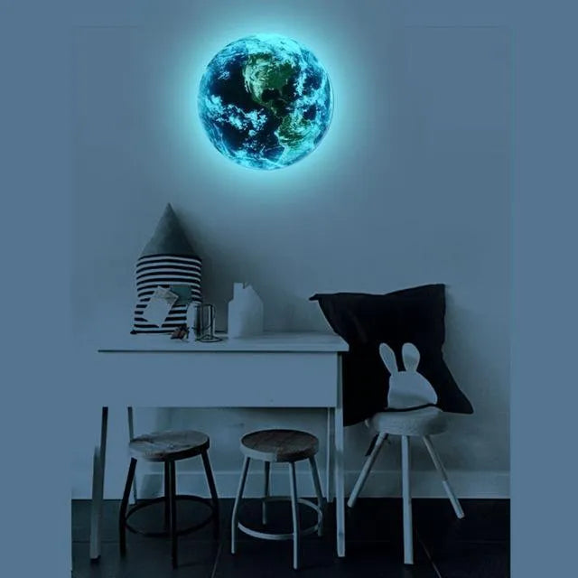 Glow in the dark 3D planet Earth wall sticker in multiple sizes on a bedroom wall.