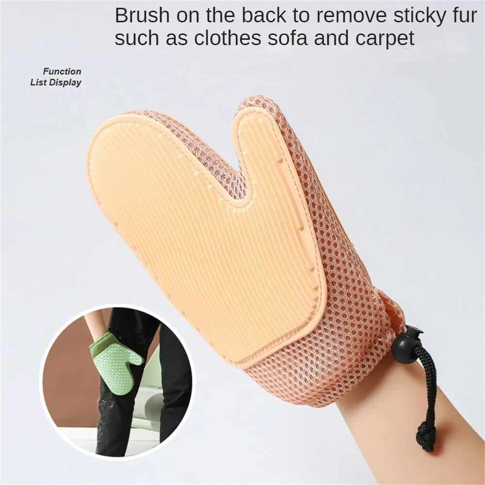 Right-handed dark blue mesh pet grooming glove for removing cat and dog hair from pets and furniture.