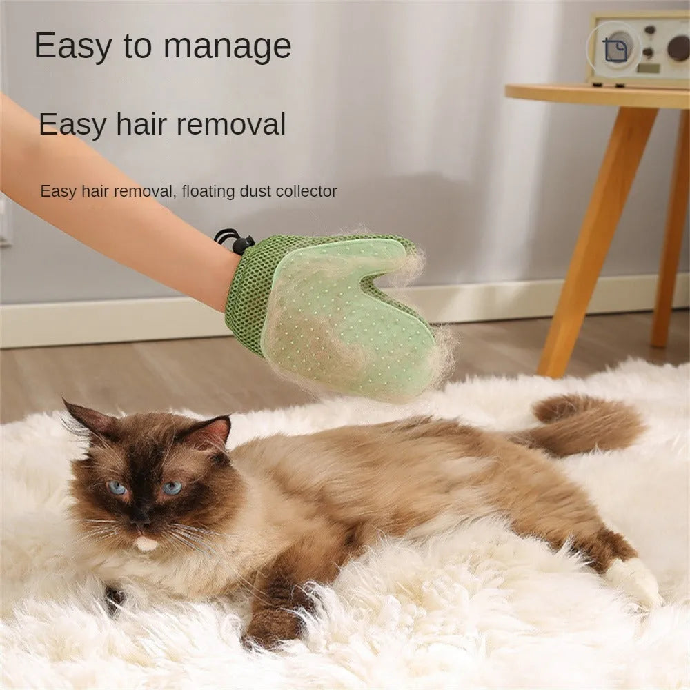Right-handed dark blue mesh pet grooming glove for removing cat and dog hair from pets and furniture.