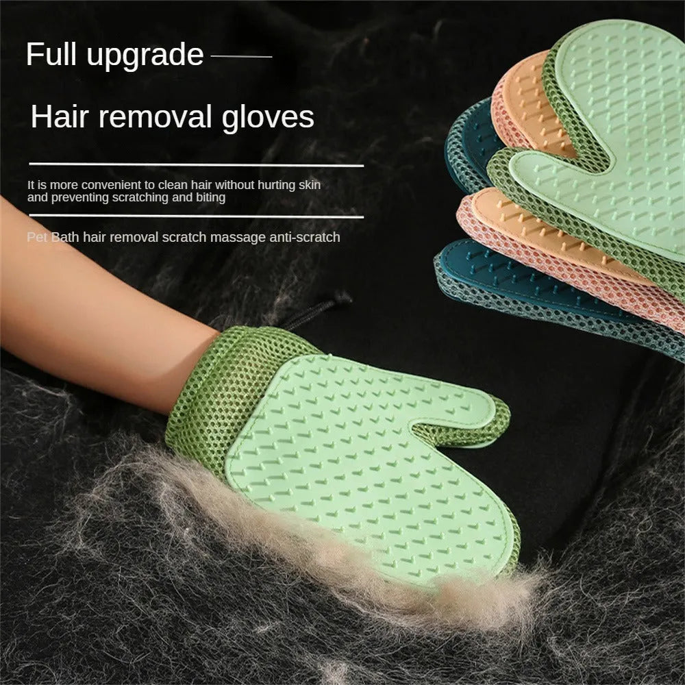 Right-handed dark blue mesh pet grooming glove for removing cat and dog hair from pets and furniture.
