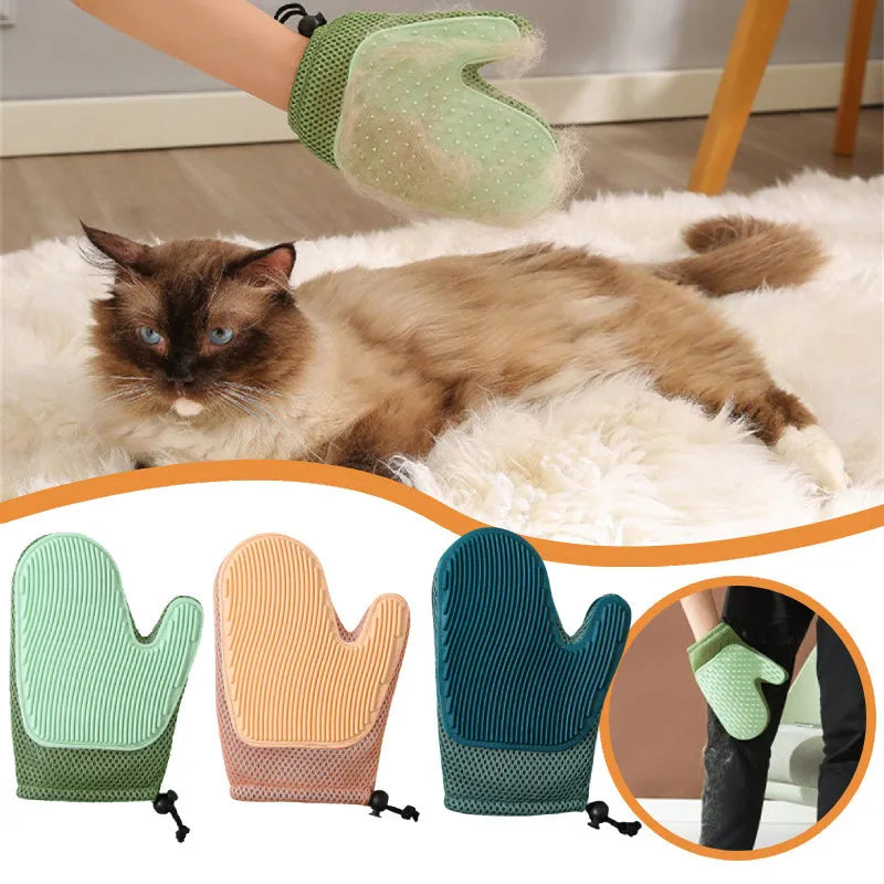 Right-handed dark blue mesh pet grooming glove for removing cat and dog hair from pets and furniture.
