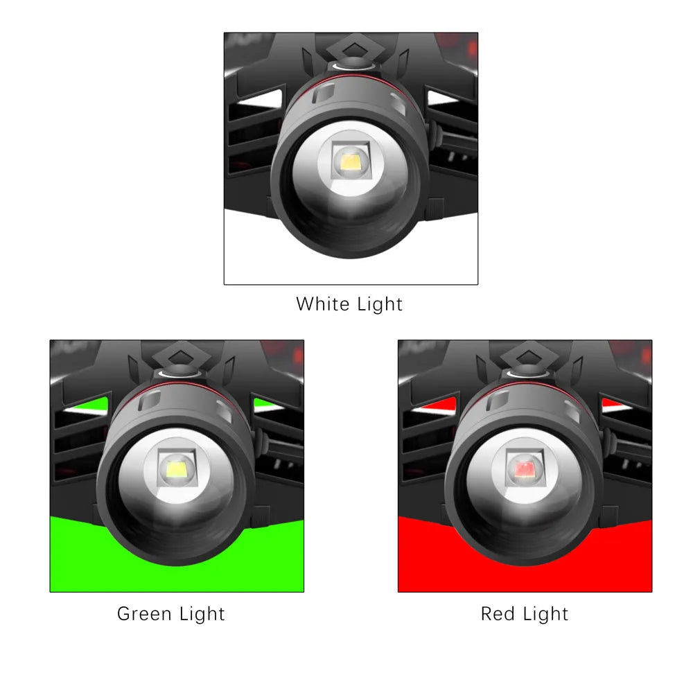T6 LED zoom headlamp showing white, red, and green light options with adjustable focus.