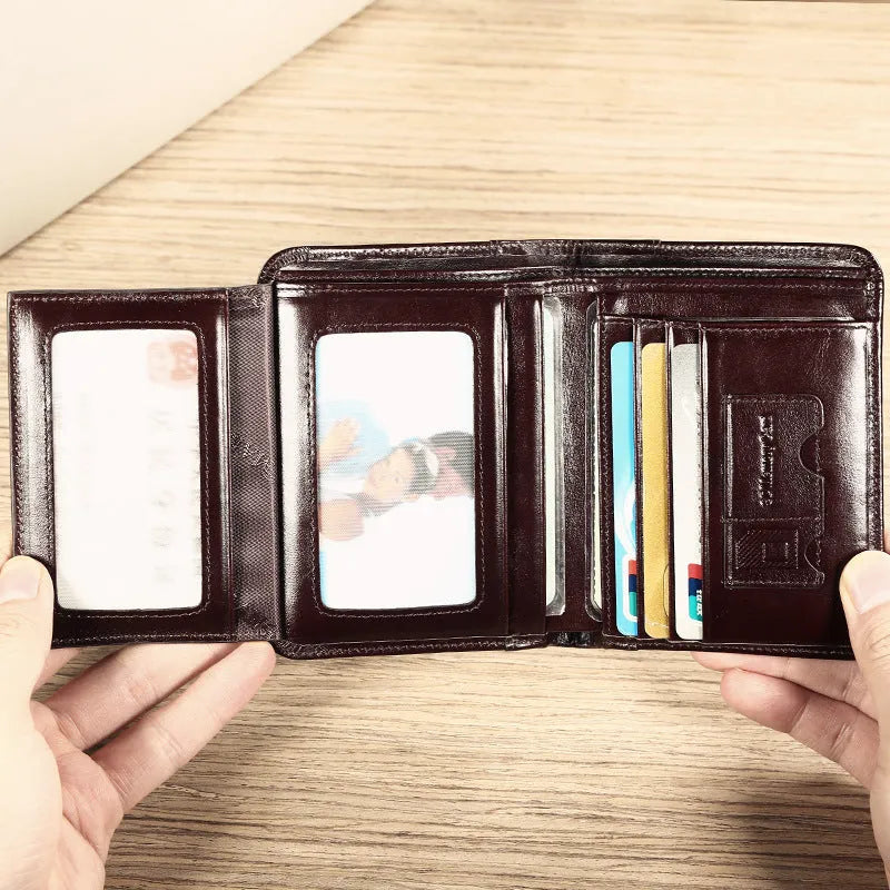 Men's leather wallet showing multiple internal compartments including photo position, card slots and banknote folder