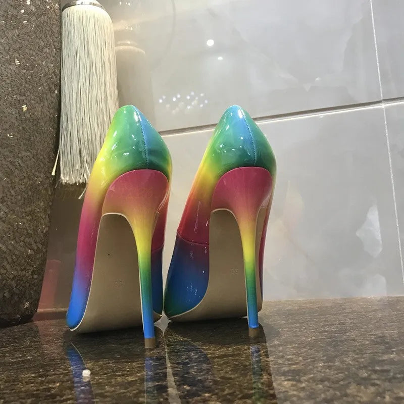 Rainbow patent leather high heels with pointed toe and thin ultra-high heels