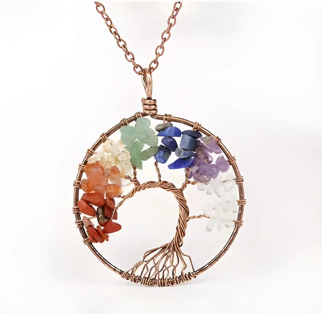 Tree of Life necklace with agate pendant and snake bone chain in a women's leaf design.