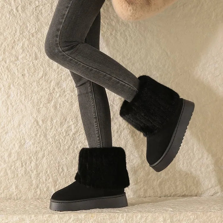 Thick-soled plush snow boots for women warm mid-tube furry cotton shoes available in black beige khaki