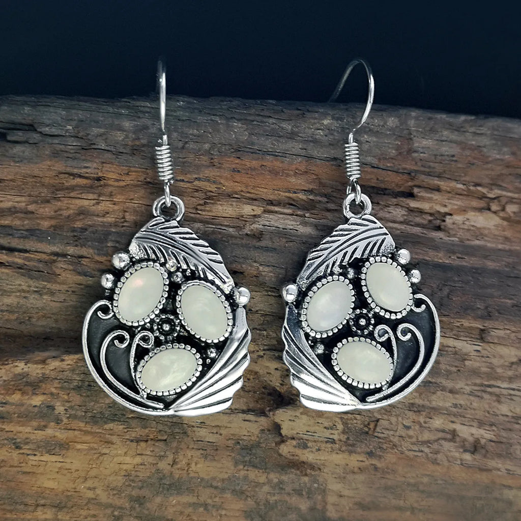 Antique silver leaf feather and shell moonstone drop earrings, 41mm x 20mm alloy retro style