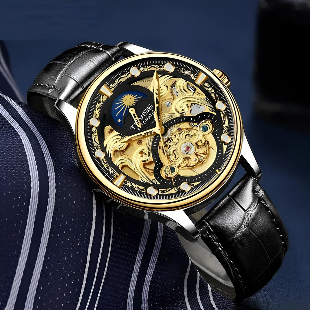 Men's gold leather strap automatic waterproof business watch with 16mm case.