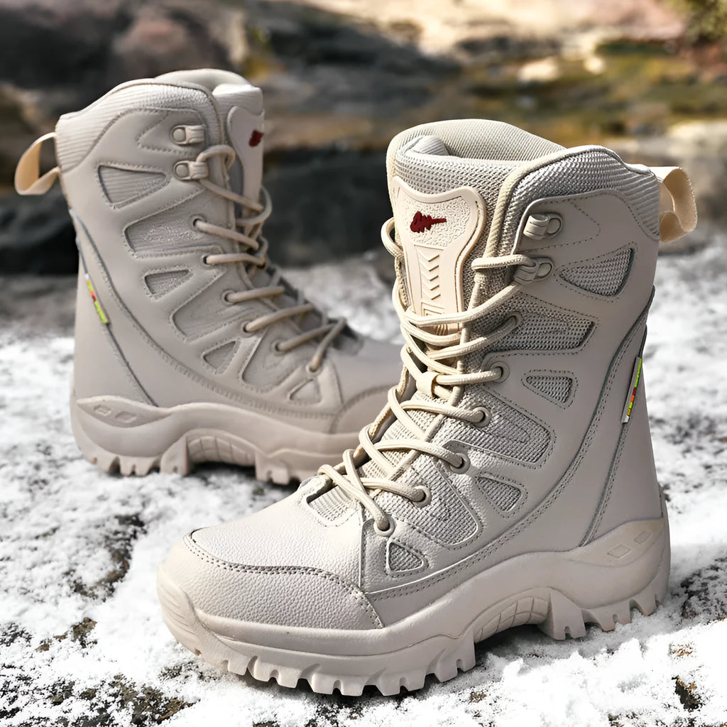 Cowhide leather hi-top hiking platform sneaker in beige colour on a neutral background