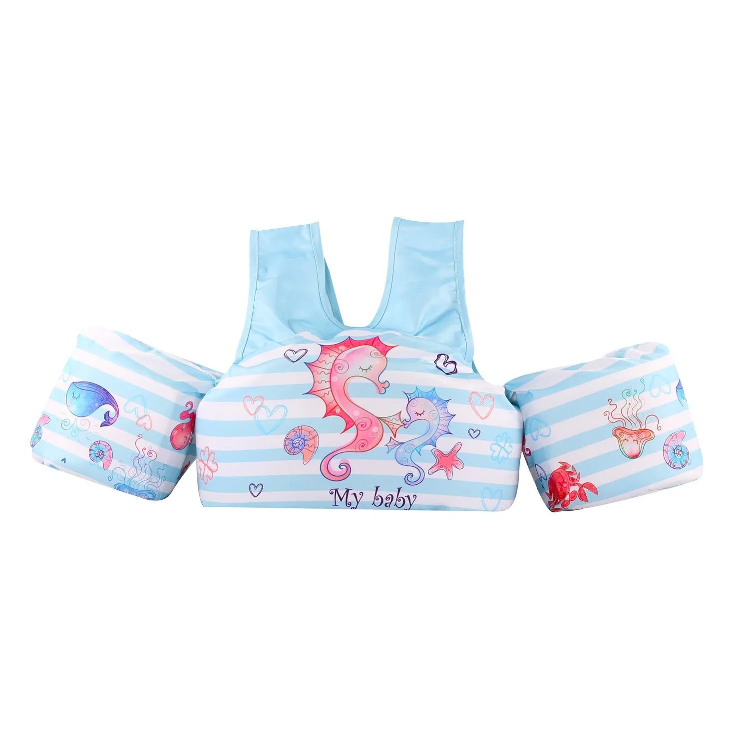 Children's polyester swimsuit with integrated lengthened arm swimming ring in cartoon pattern