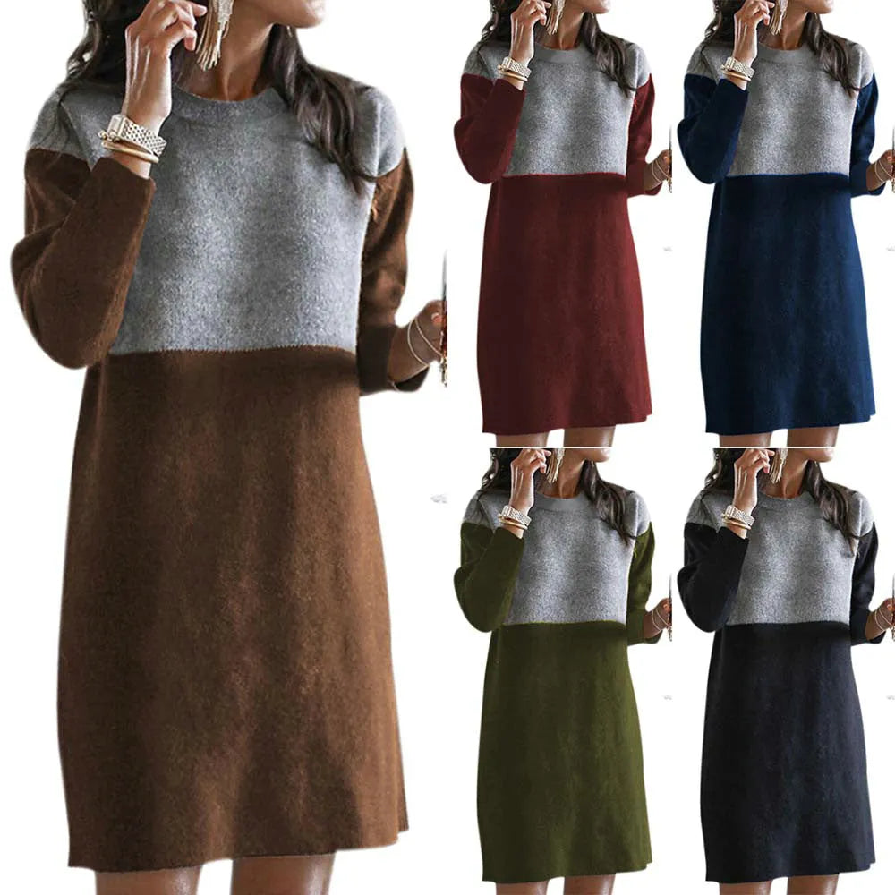 Brown women's sweater dress with princess skirt silhouette, round neck, and long sleeves in polar fleece cotton fabric