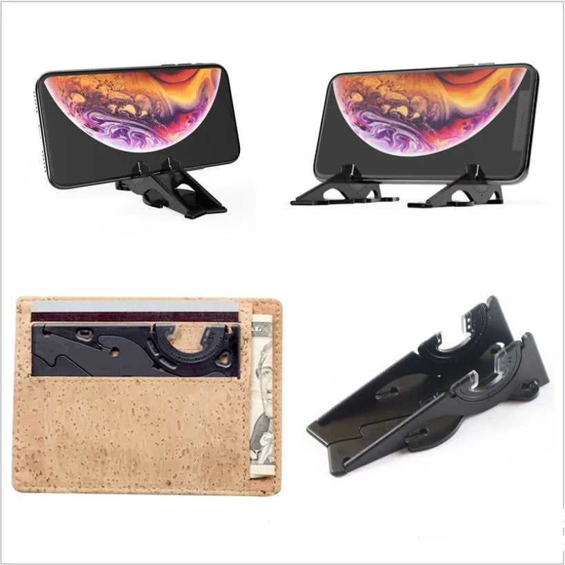 Black plastic card type mobile phone holder with lazy bracket on desktop