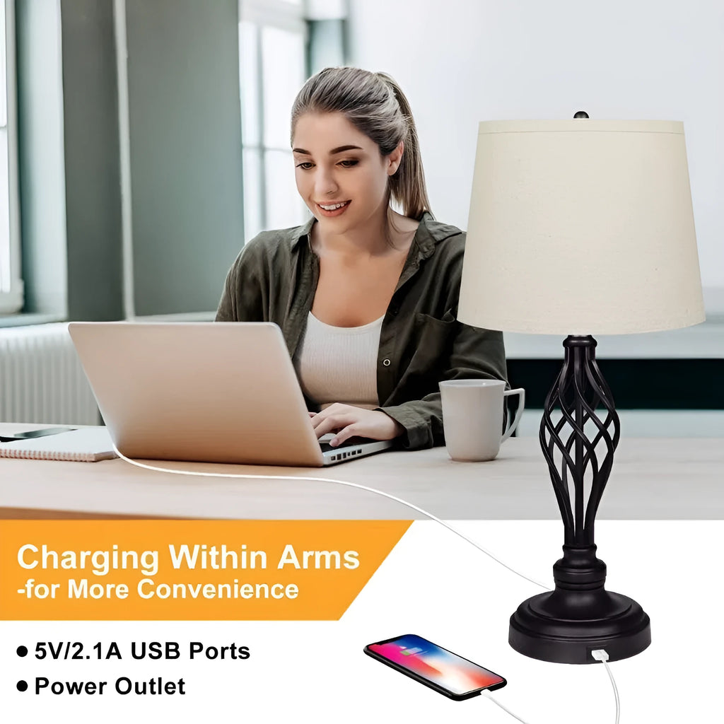 Modern alloy metal touch control bedside table lamp with USB port on a wooden surface.