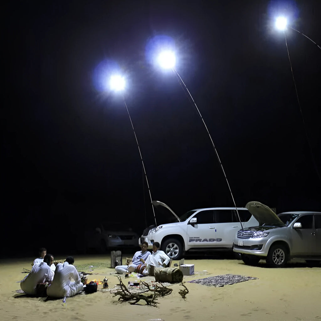 White LED fishing rod light with telescopic pole extended to 5 metres showing remote control