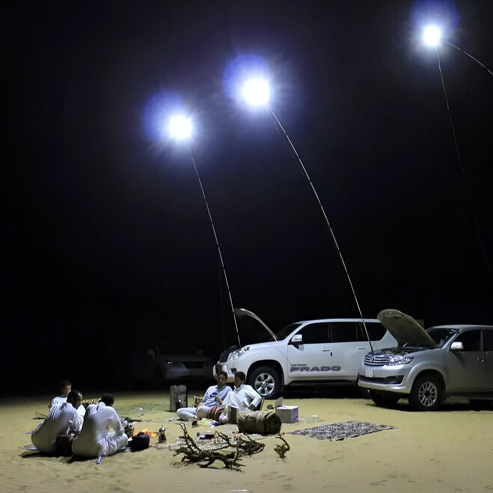 White LED fishing rod light with telescopic pole extended to 5 metres showing remote control