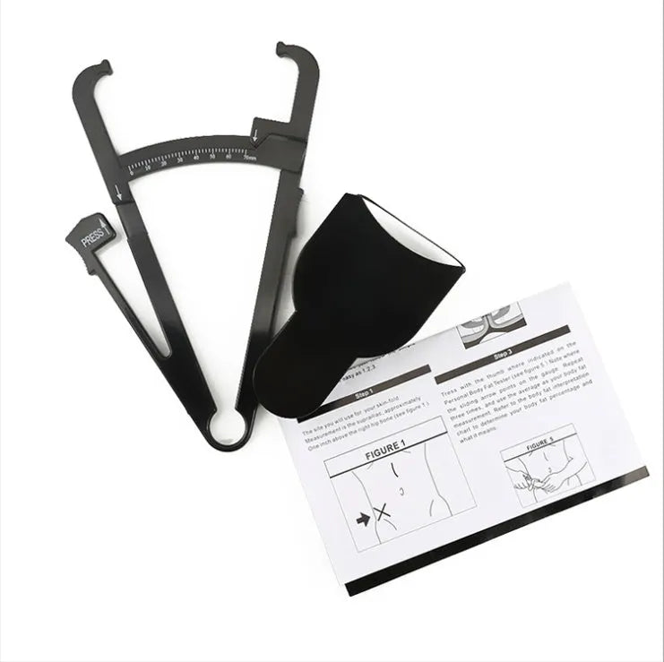 Black ABS plastic body fat skinfold caliper with measurement scale.
