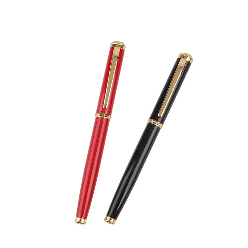 Black and red metal fountain pen with a visible 0.5mm fine nib, presented for business and office use.