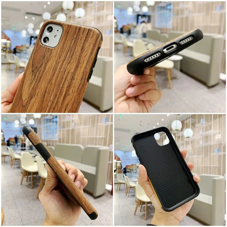 Natural wood back cover case for iPhone showing rosewood and teak colour options.