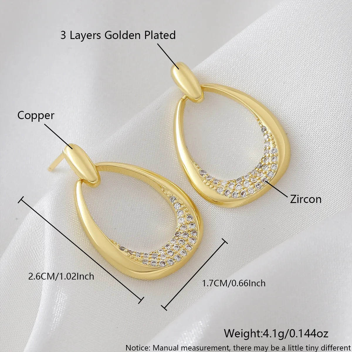 Yellow gold geometric drop-shaped women's earrings with round and oval design elements.