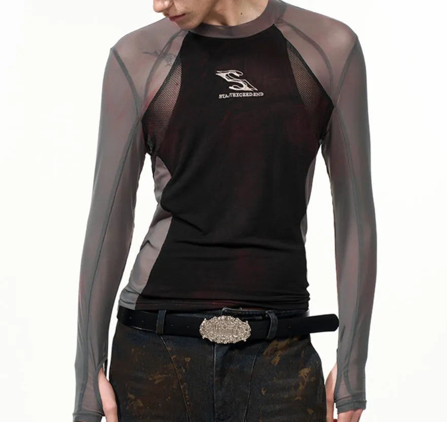 Tight mesh stitching long sleeve top with round neck in picture colour, available in sizes M to XXL