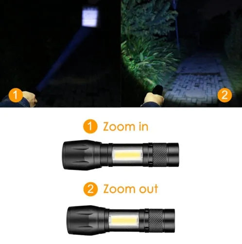 Black aluminium mini LED flashlight with telescopic zoom head and pocket clip