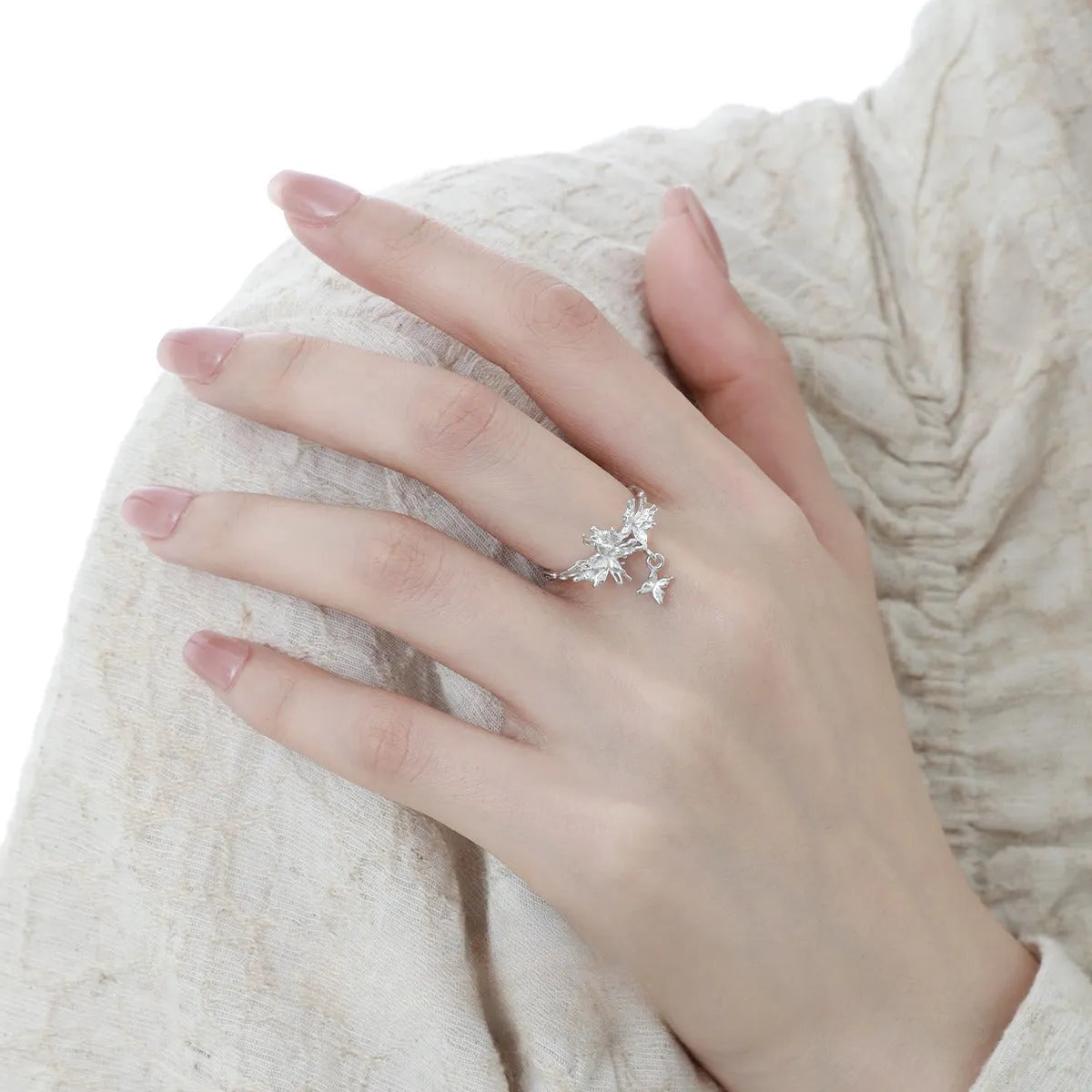 Silver butterfly ring with adjustable opening in white gold or 18K gold electroplated finish