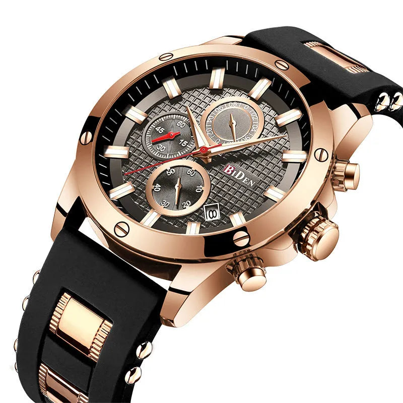 Men's quartz watch with 40mm round dial, silicone band, alloy case, and 30M waterproof rating.