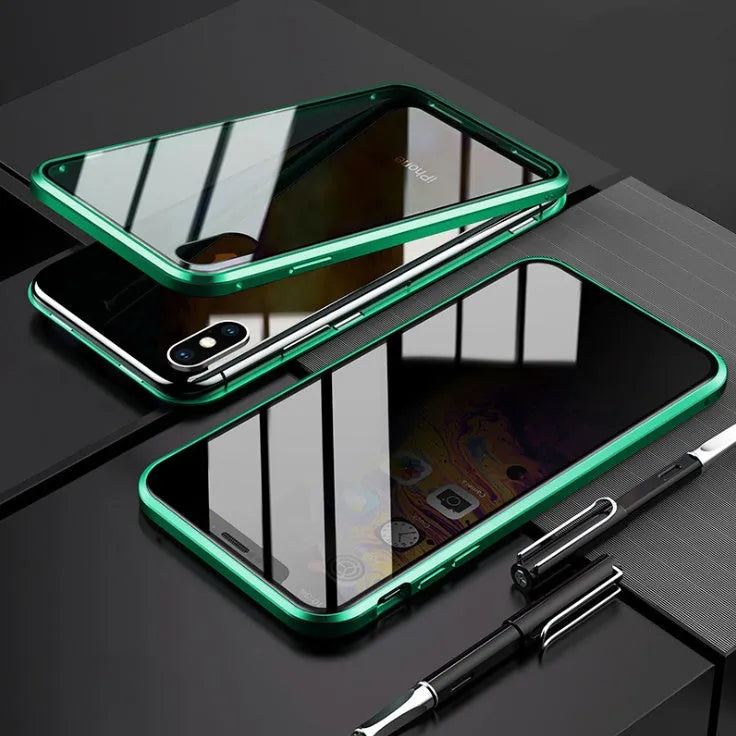 Black anti-peeping magnetic phone case for Samsung Galaxy showing clamshell design and privacy screen