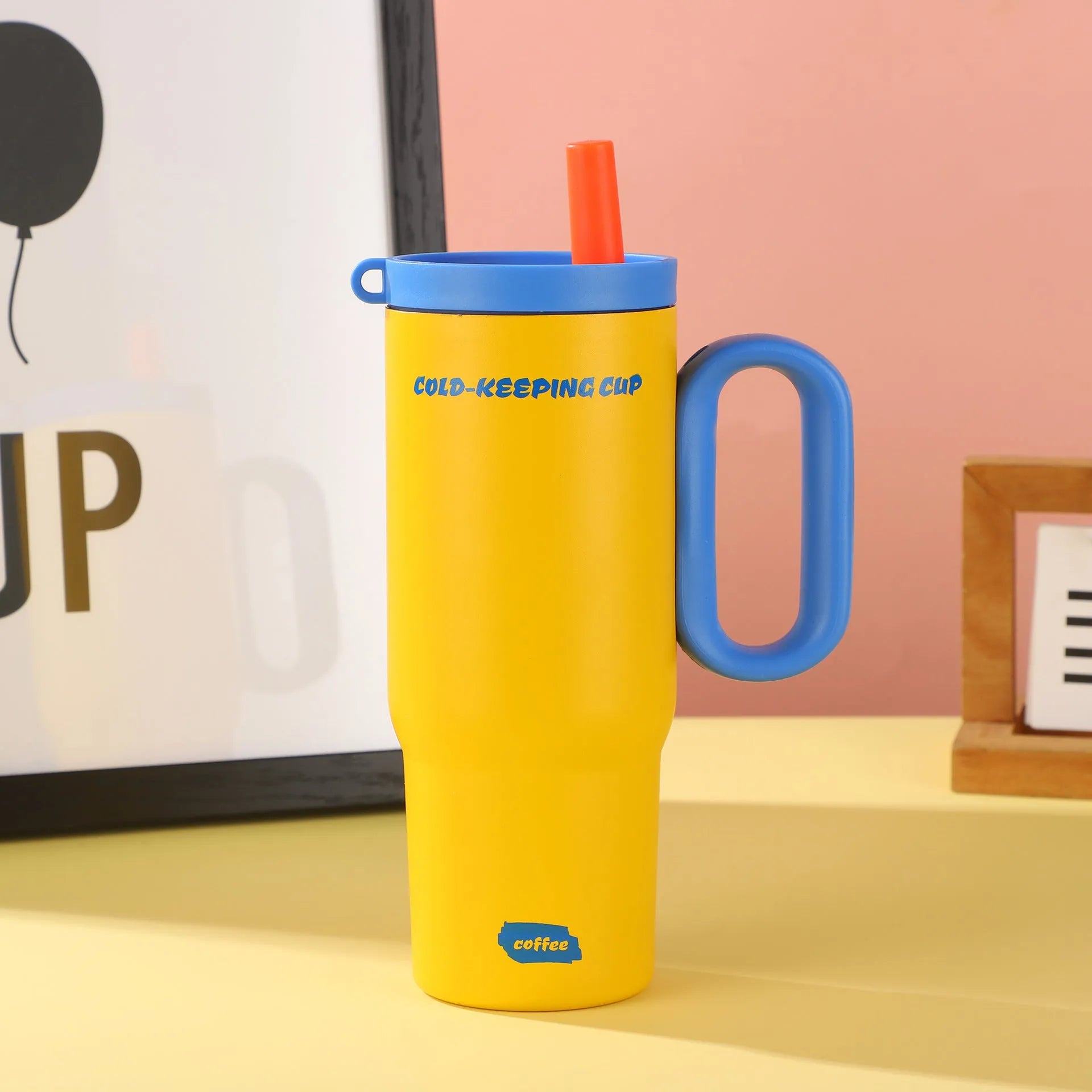 Large insulated tumbler cup with handle and screw-on straw lid
