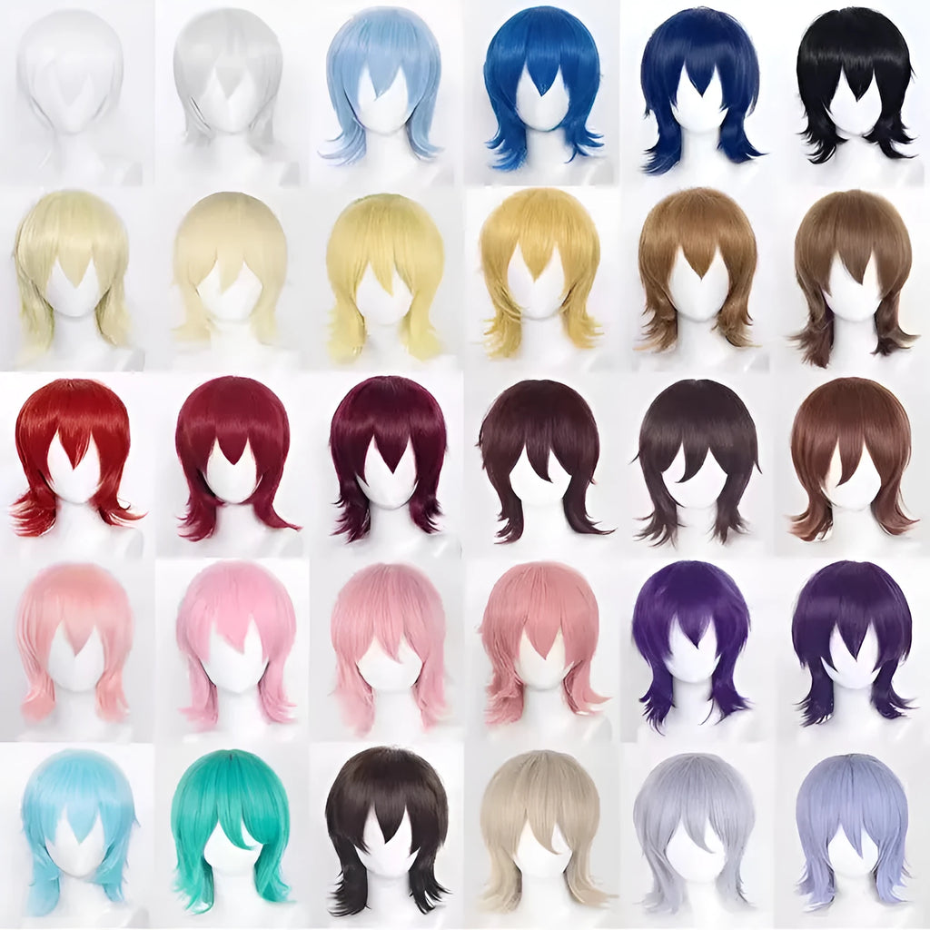 Short black anime cosplay wig with a lengthened hair tail on a mannequin head.