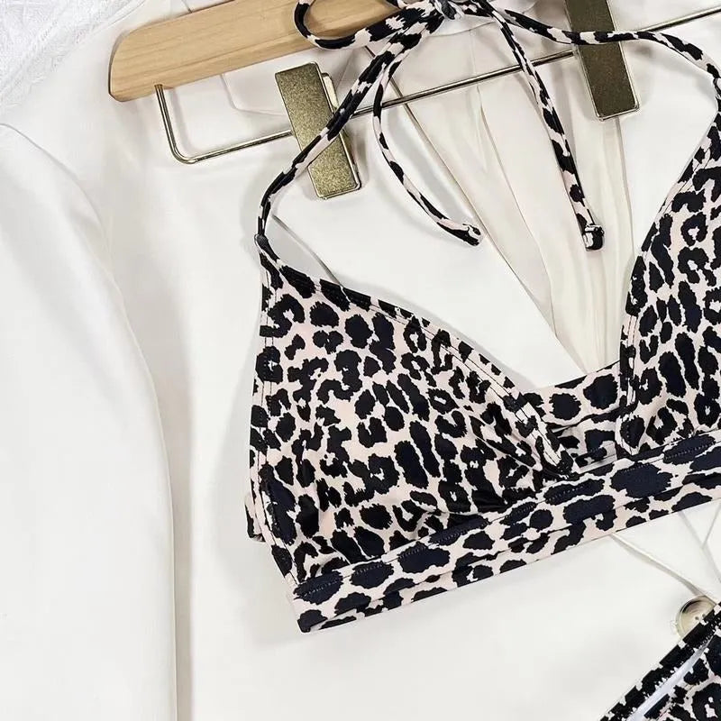 Women's leopard-print high-waist bikini set in polyester for swimming and wading, sizes S M L