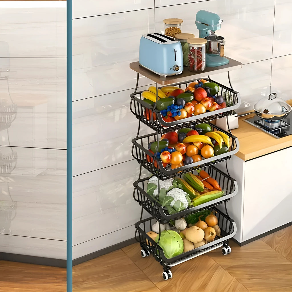 Black six-layer freestanding kitchen storage rack floor trolley with carbon steel frame