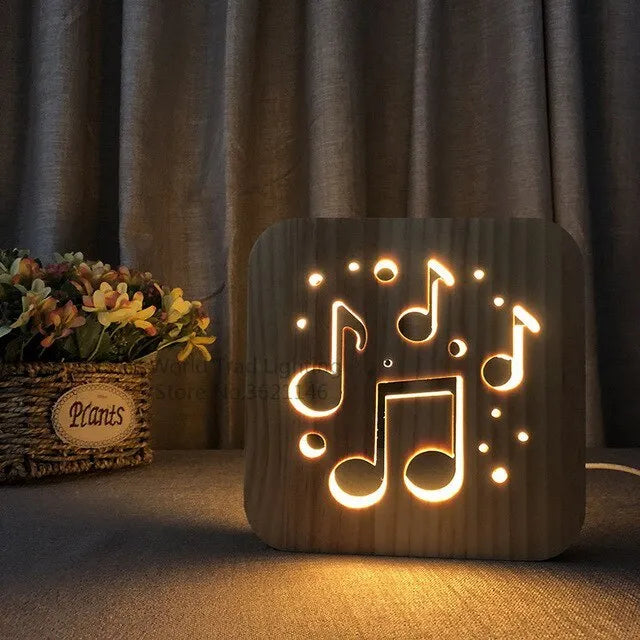 Square pine wood USB LED atmosphere lamp with warm white light on a surface.