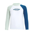 Men's white long-sleeved swim top with matching dual-layer swim trunks for beach sports