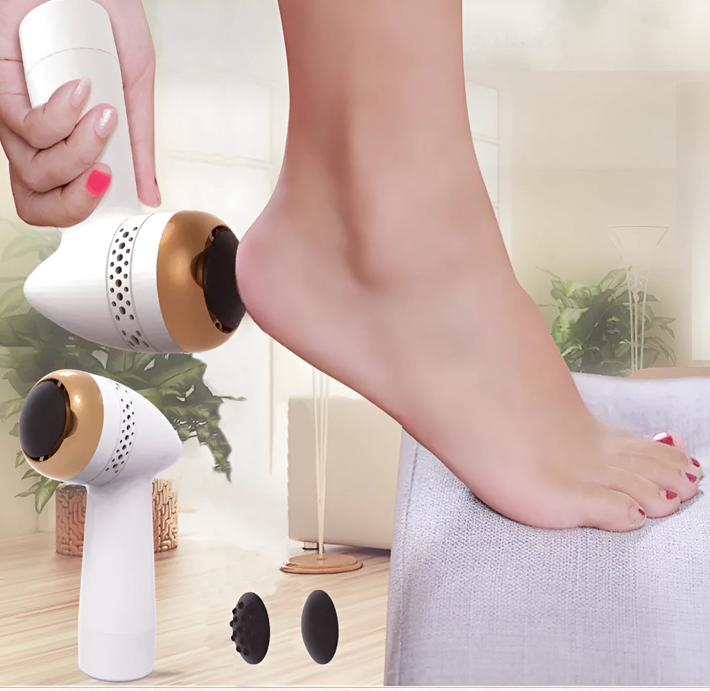 Electric vacuum foot grinder with quartz grinding head in a metallic finish, shown removing calluses on dry skin.