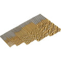 50 titanium coated high speed steel twist drill bits in a set case for metal, wood, and plastic drilling.