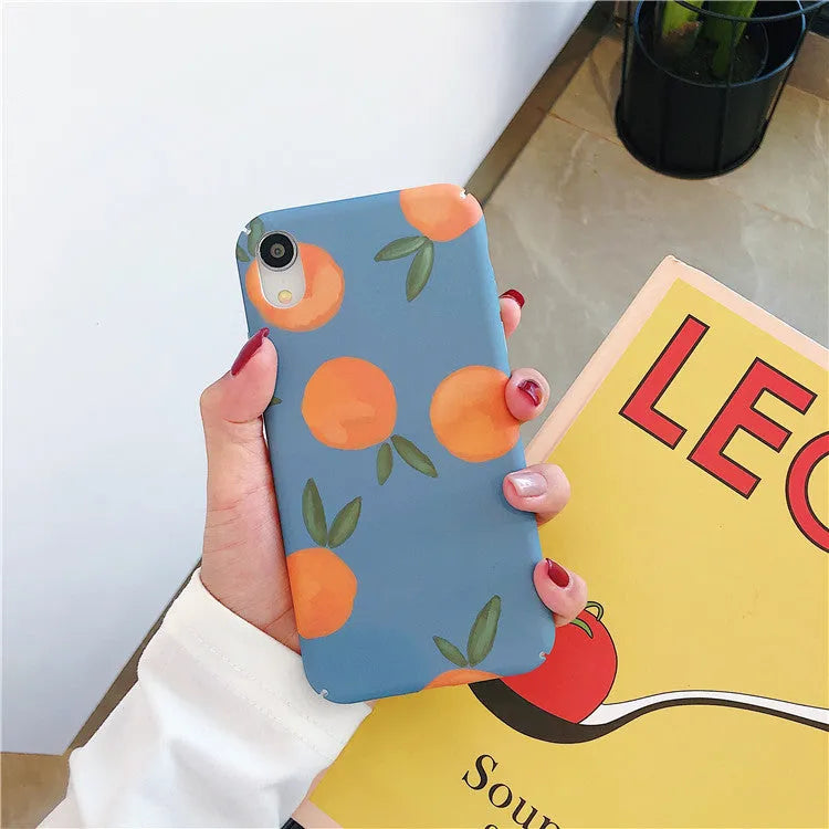 Orange plastic phone case with blue water pattern for iPhone models 6 to 11 Pro Max.