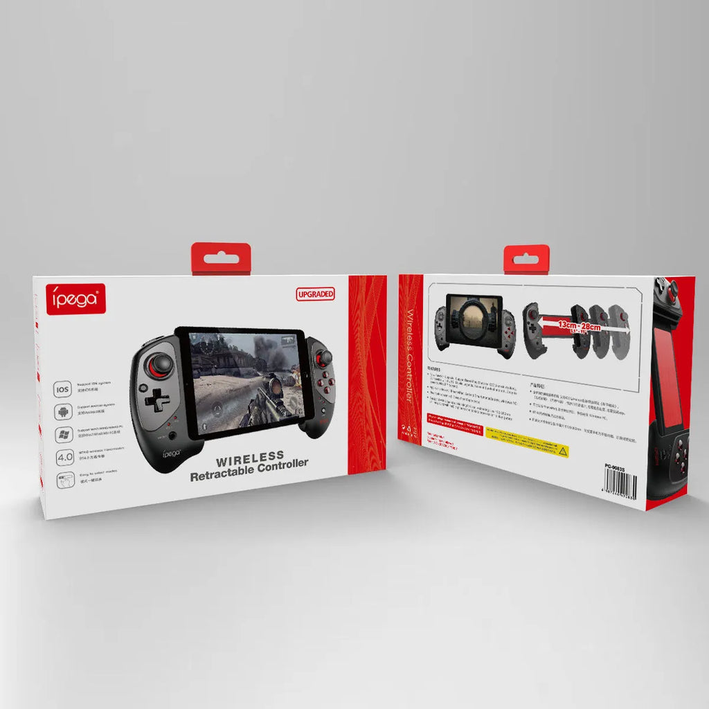 Red telescopic Bluetooth gamepad controller extended with a phone clipped in the centre.
