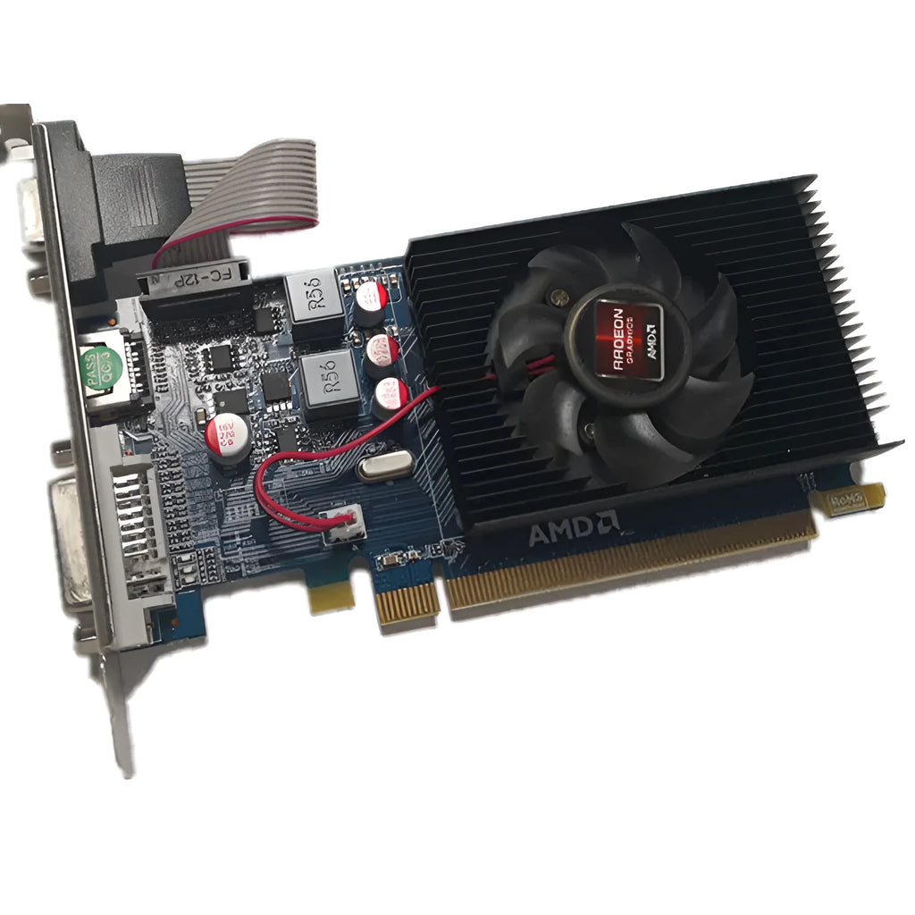 HD7450 black desktop graphics card with AMD H7450 chip, 2GB DDR3 memory, DVI VGA HDMI ports, PCI Express 2.0