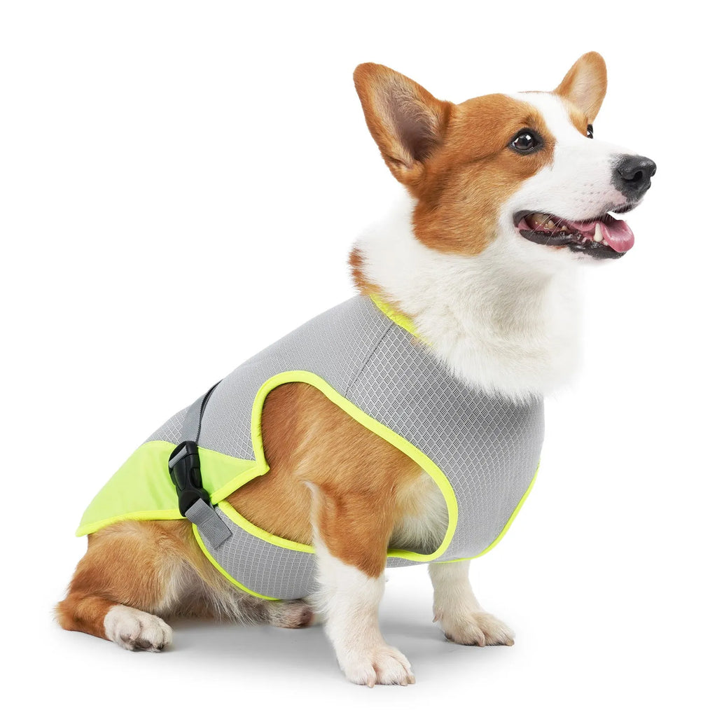 Light grey polyester mesh dog cooling vest for heatstroke prevention with adjustable sizing