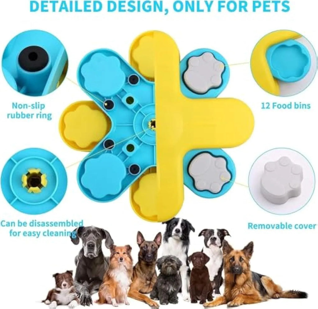 Yellow three-layer rotating dog puzzle feeder with claw-shaped lids and anti-slip base