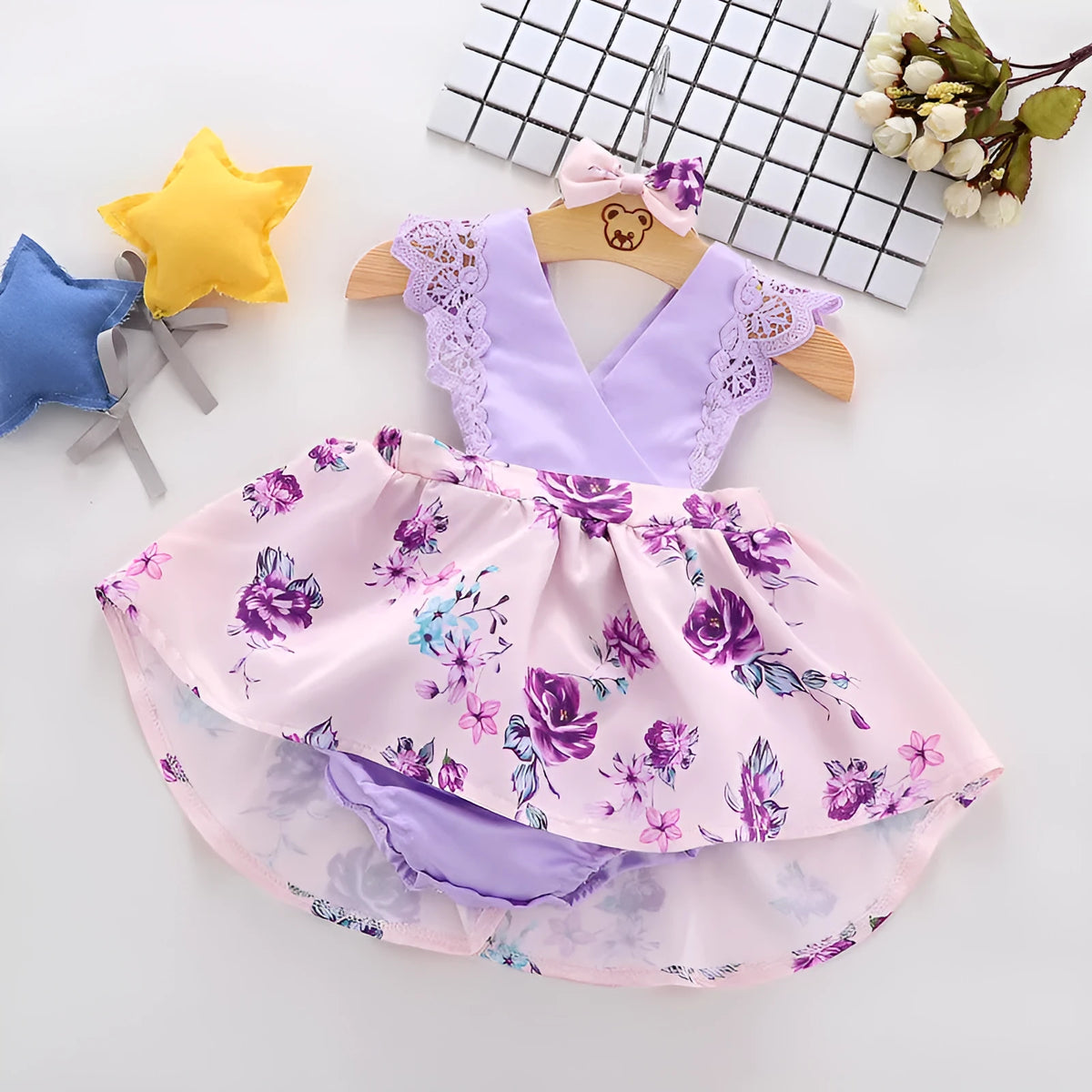 Girls purple sleeveless cotton princess dress with floral print, summer dress for infants and young children, 70-100cm.